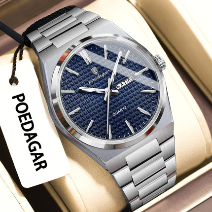 POEDAGAR Luxury Fashion Men's Wristwatch Waterproof Luminous Date Week Man Clock Stainless Steel Quartz Business Watches For Men