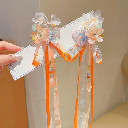 Fairycore Floral Hair Clips with Ribbons & Tassels - Traditional Chinese Hair Accessories for Hanfu | Gift for Girls