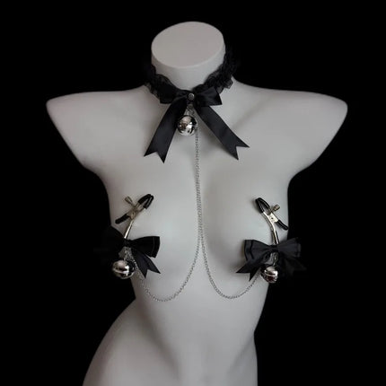 Bow-Tie Bell Nipple Clamps Available in Black and White BDSM Bondage Breast Restraint Sexy Accessories Fetish Adult Sex Toys