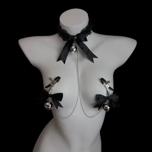 Bow-Tie Bell Nipple Clamps Available in Black and White BDSM Bondage Breast Restraint Sexy Accessories Fetish Adult Sex Toys