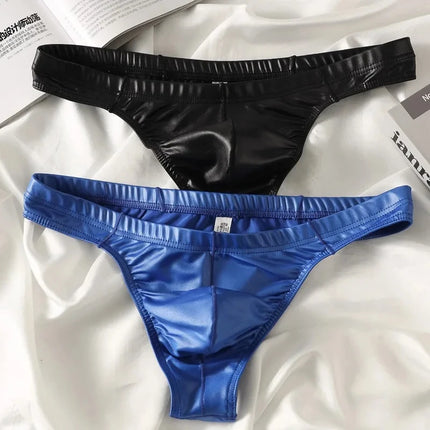 Men's Stretch Imitation Leather G-String Sexy Bugle Pouch T-Back Thong Korean Youth Solid Mid Waist Underwear Lingerie Parties