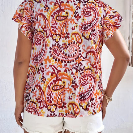 Plus Size Summer Women Elegant Print Blouses Shirt Ethnic Casual Fashion V Neck Tops Female Curve Clothing
