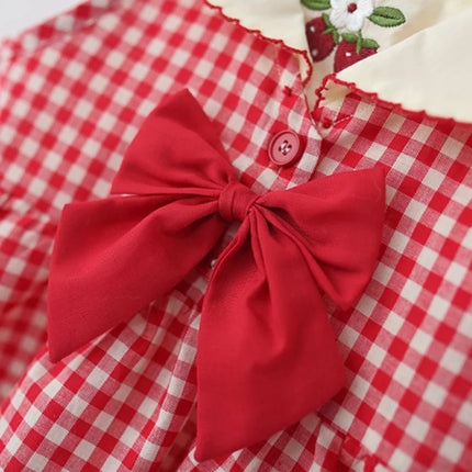 Baby Girl Dress Summer Red Checkered Cotton Sleeveless Girl Dress Cute Cherry Embroidery Bow Girl Princess Dress