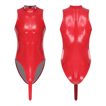 Mens Sexy Patent Leather Backless Tank Leotard Wet Look Sleeveless Sheath Bulge Pouch High Cut Bodysuit for Nightclub Pole Dance