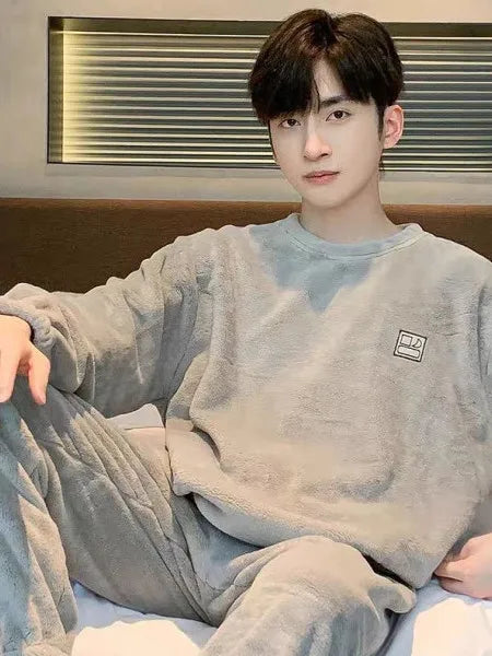 Men's Warm Coral Fce Pajamas Winter Set Spring Autumn Winter Sle Oversize Home Clothes Teenager Comfortable Spwear