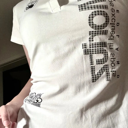 Y2K Japanese Streetwear Polo Shirt Women Slim Crop Tee 2025 White Short Sleeve Tops Letter Badge Houndstooth Vintage Harajuku