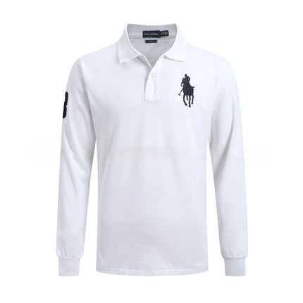 Long Sleeve Pure Cotton Polo Shirt Men's Embroidered Polo Neck T-Shirt Casual Spring Autumn British Style Loose Fit Solid Color