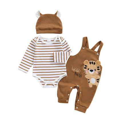 Pudcoco Baby Boy's Clothing Sets Fashionable Long Sleeve Striped Romper with Tiger Embroidered Overalls and Hat 3Pcs Outfits