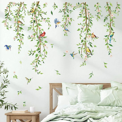 Large Hanging Green Vine Wall Stickers Bedroom Living Room Plants Leaves Birds Wall Decals Playroom Kitchen Home Decor