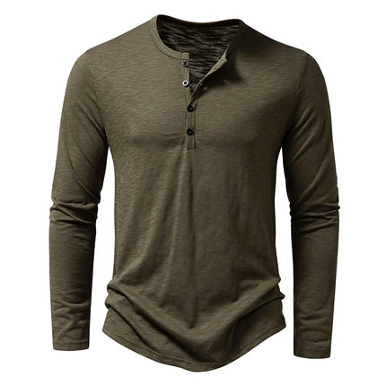 New Men's Cotton Henley T Shirt Long Sleeve T-Shirts Basic Casual Button Collar Breathable Daily Top Tees
