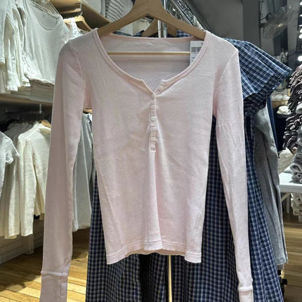 Six Buttons Ribbed Long Sleeve T-shirts Women Spring Round Neck Cotton Slim Tee Top Female Sweet Cute Pink Tshirt Y2k Tops New