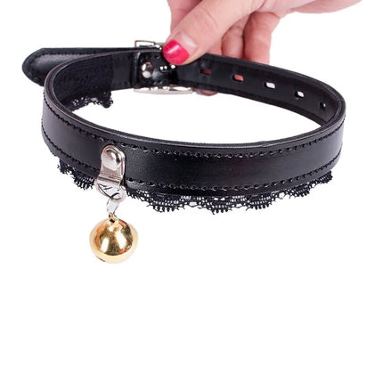 Fashion Punk Leather Choker Necklace with Bell, Lace & PU Leather, Sexy Stage Costume Role Play Collar for Women
