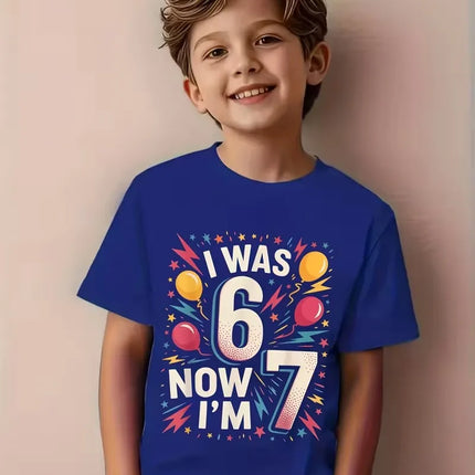 7th Birthday Boys and Girls Children T-shirt | "I Am 6 Years Old, Now 7 Years Old" 67 Print Comfortable Round Neck Casual Top