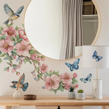 1PCS Watercolor Peach Tree Branches Leaves Bird Butterfly Bedroom Living Room Home Beautify Decorative Wall Stickers