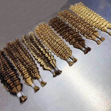 Human Braiding Hair for Boho Braids 50g/Pack Highlight Deep Wave Bulk Human Hair 4/27 Ombre Knotless Braiding Hair Extensions