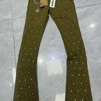 2026 Rhinestone Men's High Street Quality Slim Fit Skinny Long Denim Flared Jeans Pants