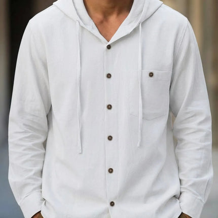 Summer Hot Sale Beach Style Shirts Men's Long-Sleeved With Hood Cotton Linen Solid Color Casual Versatile Collar Shirt Male Top