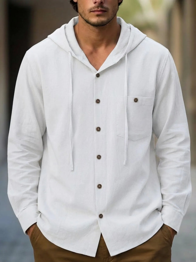Summer Hot Sale Beach Style Shirts Men's Long-Sleeved With Hood Cotton Linen Solid Color Casual Versatile Collar Shirt Male Top