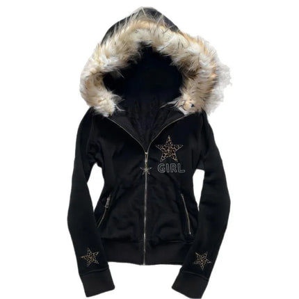 Retro autumn and winter subculture black leopard print star hooded fleece collar zipper sweatshirt Y2K hoodie