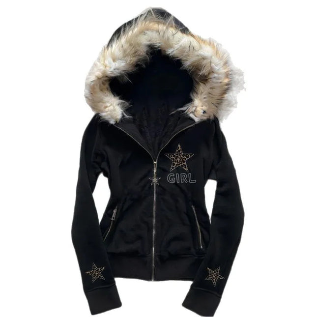 Retro autumn and winter subculture black leopard print star hooded fleece collar zipper sweatshirt Y2K hoodie