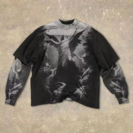 Gothic Fake Two Piece Long Sleeve Red Eye Pattern Spliced T Shirt Autumn Popular Select Dark Punk Fashion Cotton Tops