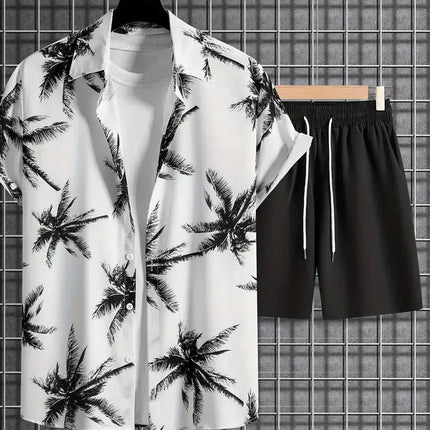 2025 Simple All-in-one Men's Shirt Set Coconut Tree Print 3D Printed Shirt And Shorts Set Summer Casual Vacation Hawaiian Shirt