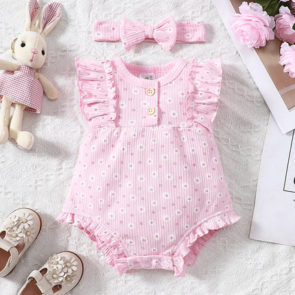 2PCS Summer Baby Girl Jumpsuit with Round Neck Butterfly Sleeve Design, Cute Sweet and Lively Princess Style Newborn Jumpsuit