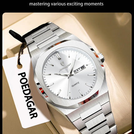 POEDAGAR Fashion Brand Male Wristwatch Waterproof Luminous Stainless Steel Men Clock Date Week Casual Quartz Men's Watches Reloj