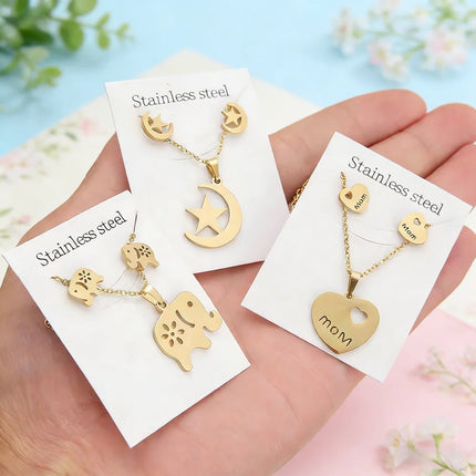 6/8/10/15Sets Fashion Flowers Heart Stainless Steel Earrings Necklace Set For Women Mix Style Trendy Jewelry Party Gifts