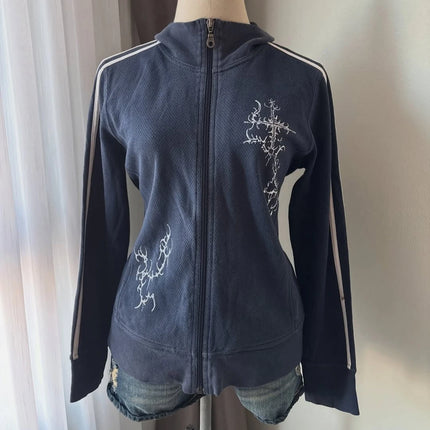 Y2K Striped Embroidered Jacket Harajuku Classic Retro Navy Blue Collared Zip Up Hoodie Goth Geometric Print Slim Fit Sweatshirt