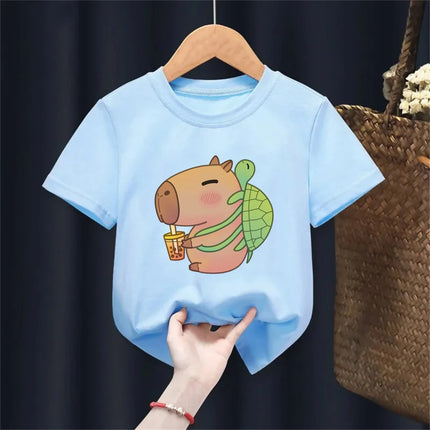 Funny T-Shirt Capybara With Turtle Loves Bubble Milk Tea Printed T-Shirt Girls/Boys Kawaii Kids Clothes Harajuku Shirt Tops