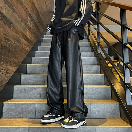 2024 Men's PU Leather pants Fashion baggy Motorcycle Pants Men Wide-leg Mopping Trousers All-match Windproof Plus Size 8XL-M