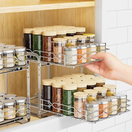 Adjustable 2 Tier Spice Rack Organizer for Cabinet Heavy Duty Pull out Vertical Shelf for inside Kitchen Cabinet Height