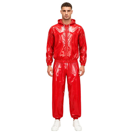 Mens Sauna Tracksuit Set Zipper Hoodie Drawstring Pants Waterproof Long Sleeve Front Zip-up Drawstring Hood Jacket with Pants