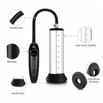 Electric Male Vacuum Pump with Clear Measuring Cylinder Digital Display Black Hose and Man Masturbation Trainer Sex Toy