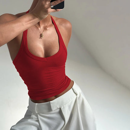 Hugcitar 2025 Summer Ribbed Halter Backless Solid Sexy Crop Tank Top Casual Y2K Women Clothes Beach Vacation Streetwear Yoga