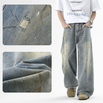 Fashion Jeans Wide-Leg Pants Men's Loose Old Jeans American Hip-hop High-waisted Jeans Ripped Print Casual High Street Trousers