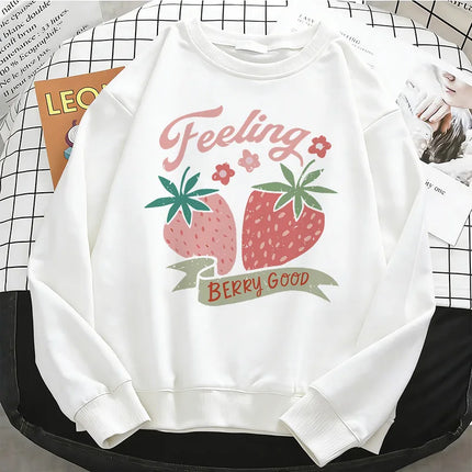 2026 Fashion Strawberry Womens Hoodies Basic Warm Fleece Sweatshirt Soft Y2k O-Neck Pullover Casual Female Clothes