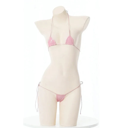 New Womens Sexy Lingerie Leather Bikini Bra G-string Wet Look Breathable Halter Lace-up Tight Fitting Uniform Set Ladies Bikini