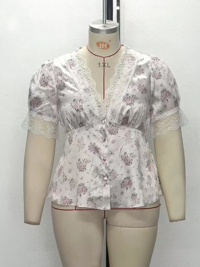 New Big Size Satin Print Lace V-Neck Puff Short Sleeves Fitted Waist Button Blouse Romantic Vintage Plus Size Woman Clothing Top