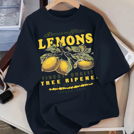 Lemons Fruits Premium Fresh Printing T Shirt Woman Loose Cotton Sportswear O-Neck Casual T Shirts Loose All-Match Short Sleeve