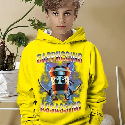 Funny Cappuccino Assassino Hoodies Boys Girls Funny Italian Brainrot Print Hoodie Long Sleeve Hooded Tops Kids Humor Sweatshirts