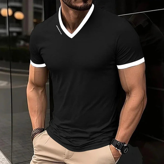 Men's Casual and Fashionable Solid Color V-neck Short-Sleeved T-shirt with Letter Print Summer Versatile and Comfortable Top