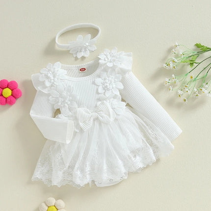 Pudcoco Infant 2-Piece Baby Girls Set 3D Flower Bow Long Sleeve Mesh Dress Romper Headband Adorable Ribbed Outfits 0-18M