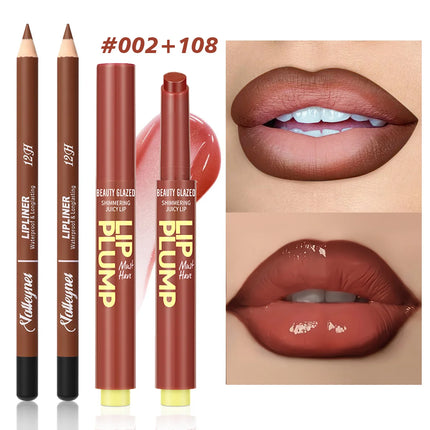 2Pcs/Set Moisturizing Lipstick Pen + Matte Lip Liner, long-lasting, red, brown, purple and multiple colors optional