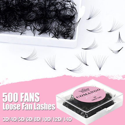 CoMango 500Fans Promade Fans Eyelashes Extension Bulk 3/6/7/10/12/14/16D  Pointy Stem 0.05/0.07 C/D Curl  Premade Volume Fans