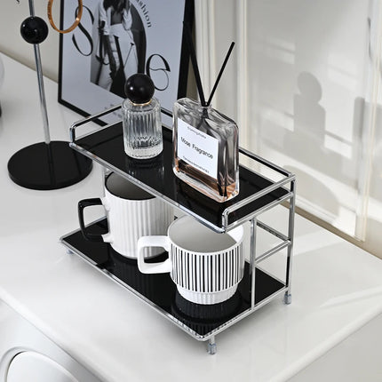 Metal Desktop Layered Storage Rack, Double-Layer Desk Organizer, Water Cup and Coffee Cup Storage Rack, Bathroom Cosmetics Organizer, Suitable for Living Room, Entryway, Kitchen, and Bathroom