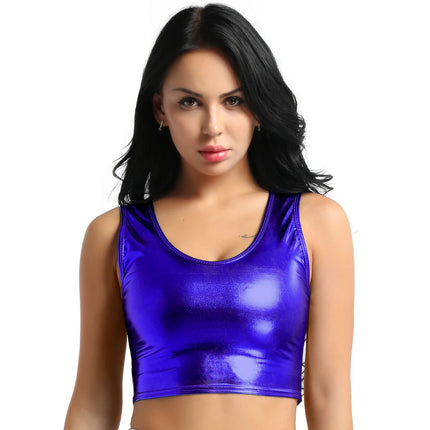 Womens Fashion Shiny Metallic Tank Crop Top Shiny Metallic Vest Tops Bustier Blouse Shirt Camis Rave Party Clubwear Costume