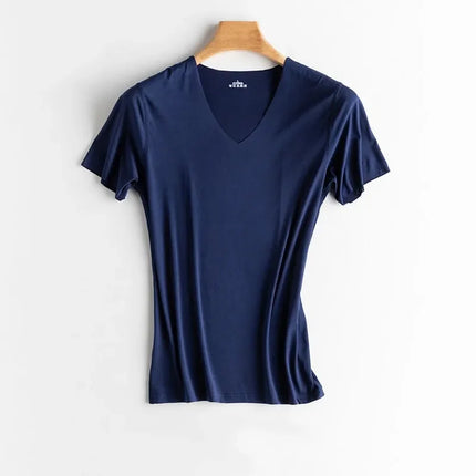 Summer Seamless Breathable Ice Silk T-Shirt Fashion Vest Men's Sports Short Sleeve T-shirt Ice Silk Solid Color V-neck Tees