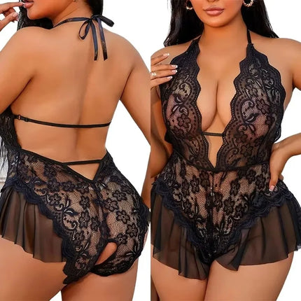 Erotic Crotchless Bodysuit Porn Pajamas 3XL Plus Size Sexy Lace Curve Women's Lingerie Exotic Transparent Open Backless Costumes